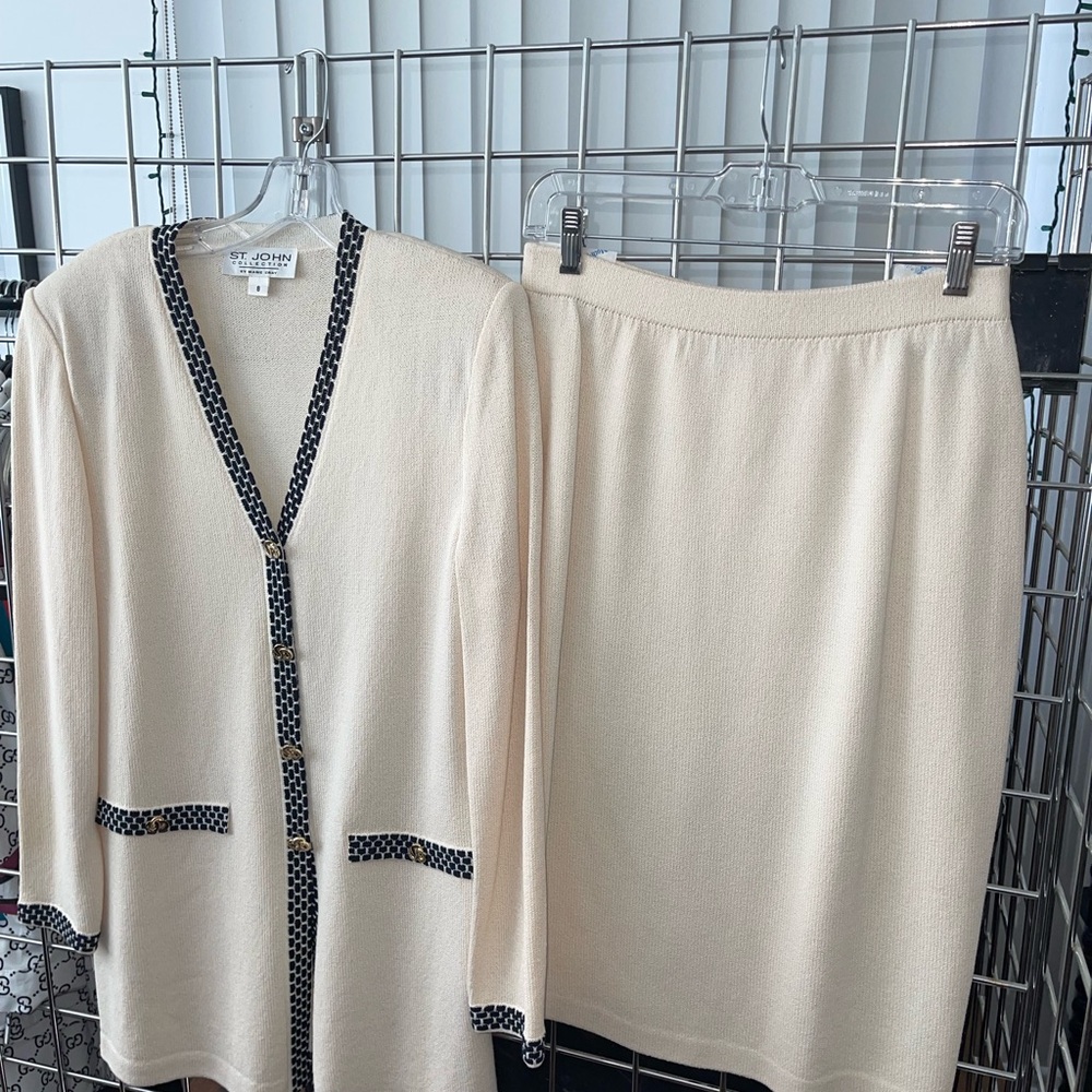 St. John Collection Cream Knit with Black Trim & Evening Skirt
